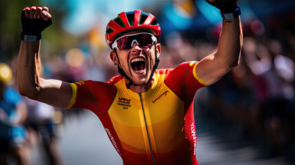 Cyclist's triumph at the finish line vibrant road colors joyful expression