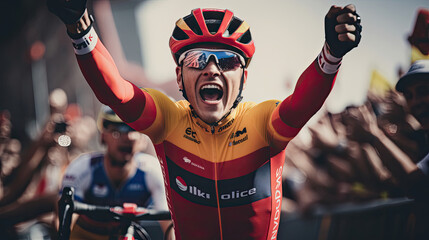 Cyclist's triumph at the finish line vibrant road colors joyful expression