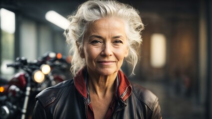 old very pretty woman with leather jacket smiling, in the background out of focus are motorbikes