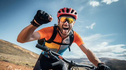 Cyclist's elation after mountain stage celebratory fist pump vivid colors