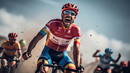 Cyclist's exuberant celebration after race win bright surroundings joy