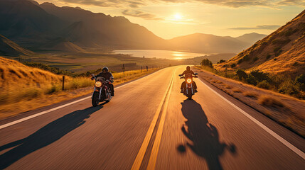 Two motorcyclists cruising side by side open highway bright road colors - Powered by Adobe