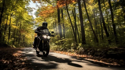 Fotobehang Motorcyclist in sun-drenched forest trail warm colors relaxed posture © javier