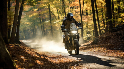 Motorcyclist in sun-drenched forest trail warm colors relaxed posture