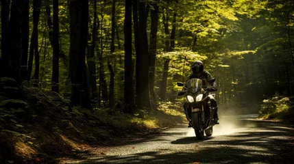 Rolgordijnen Motorcyclist in sun-drenched forest trail warm colors relaxed posture © javier