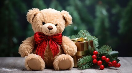  a brown teddy bear with a red bow sitting next to a christmas tree and a gift box with a red ribbon on it.