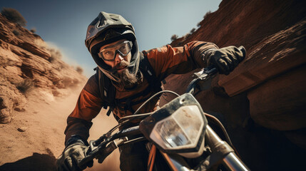 Fototapeta na wymiar Focused motorcyclist on rocky trail