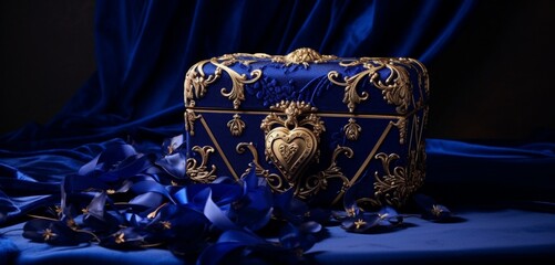 An opulent, velvet-covered Valentine's gift box in royal blue, with golden embellishments, set on a backdrop of dark, moody drapery.