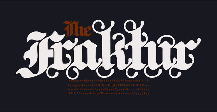 Fraktur Gothic Font. German medieval manuscript alphabet with many alternate fancy letters for historical headlines, monograms, and logos design. Gothic splendid type. Vector illustration.