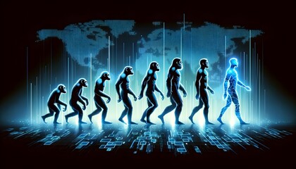 This image displays the iconic march of progress illustration with figures evolving from ape to human, all in blue digital silhouette against a world map backdrop.