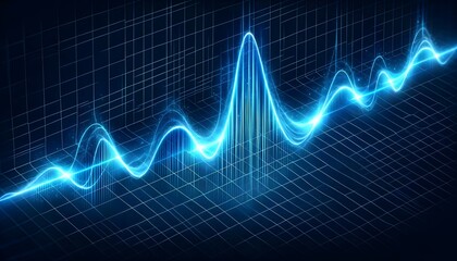 The image shows a dynamic blue audio waveform against a grid background, representing digital...