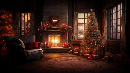 A room with New Year's gifts, a Christmas tree and a fireplace in pleasant evening lighting
