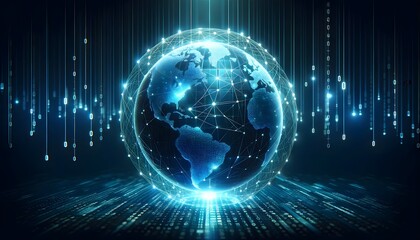 The image shows a digital globe with a network mesh overlay, illuminated by a dynamic array of blue lights and binary code falling like rain, 