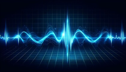 The image depicts a vibrant blue digital audio waveform pulsating across a dark grid background, symbolizing sound frequency, music technology, or data analysis.