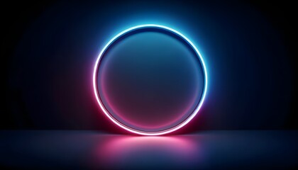 The image showcases a neon-lit circular portal with a gradient of blue to pink colors on a dark background, creating a futuristic or sci-fi vibe. - obrazy, fototapety, plakaty