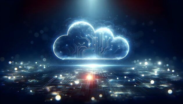 The image shows a cloud with a circuit pattern illuminated from below, floating above a complex circuit board, all bathed in a soft blue glow and bokeh lights, 