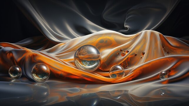  a picture of a liquid filled with bubbles on a black background with a white and orange cloth on top of it.