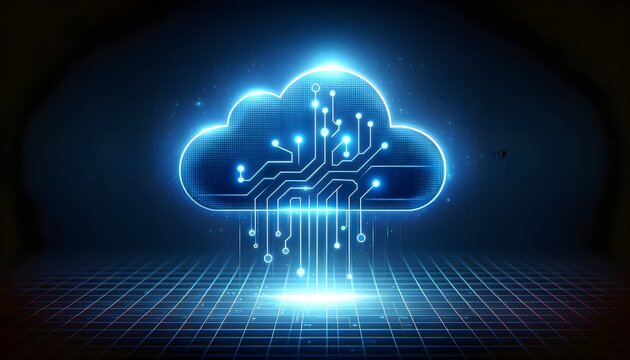 The image depicts a stylized cloud with a circuit board pattern glowing in neon blue, set above a digital grid, symbolizing cloud computing and digital connectivity.