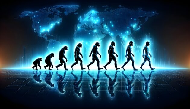 The image illustrates the evolution of man in silhouette, transitioning from ape to upright human against a backdrop of a digital world map, symbolizing the evolution of humanity and technology.