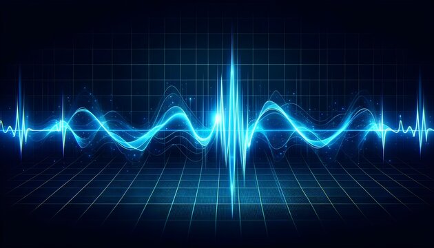 The image depicts a vibrant blue digital audio waveform pulsating across a dark grid background, symbolizing sound frequency, music technology, or data analysis.
