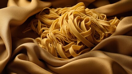  a close up of a bunch of pasta on a cloth with a lot of noodles in the middle of it.