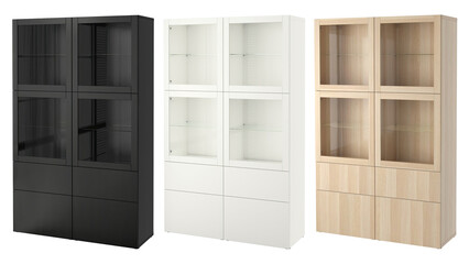 Three storage and display cabinets with glass doors, isolated on white background.