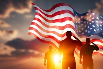 Silhouettes of soldiers on background of USA flag.