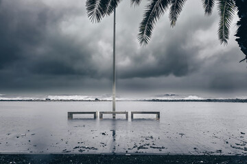 sea, ocean during a storm, hurricane, downpour. Natural disasters, apocalypse, natural disasters