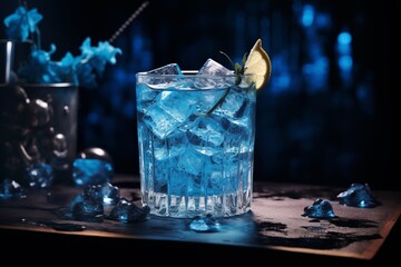Refreshing blue drink or cocktail with ice, garnished with a slice of lime