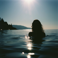 Fototapeta premium silhoutte of a woman in water with sun piercing through in lake