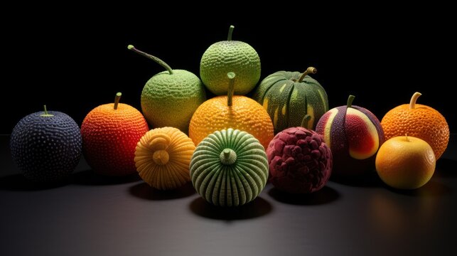  a group of fruit sitting next to each other on top of a black table in front of a black background.