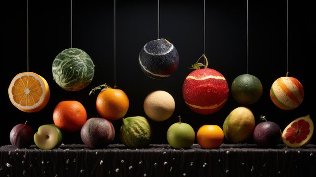  a group of fruit hanging from strings next to each other in front of a black background with an orange, an apple, an orange, a melon, and a melon.