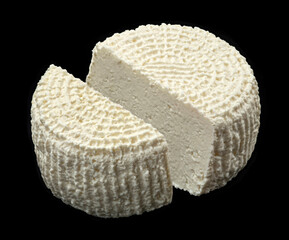 Fresh ricotta, homemade organic white cottage cheese head isolated on black background