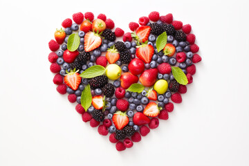 Concept of different berries forming a heart shape.