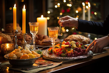 A table full of food and candles with a christmas tree in the background