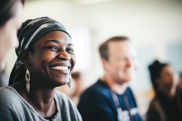 Joyful African American woman smiling in a group meeting at a community center - obrazy, fototapety, plakaty