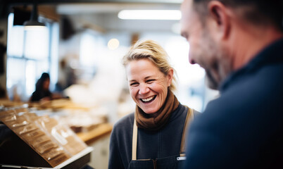 A bakery shop owner engages in a joyful conversation with a customer, reflecting the close-knit community of a small town. - obrazy, fototapety, plakaty