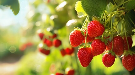 A close-up of a natural strawberry bush in the garden bearing ripe, organic strawberries, with ample space for text or copy. - Powered by Adobe
