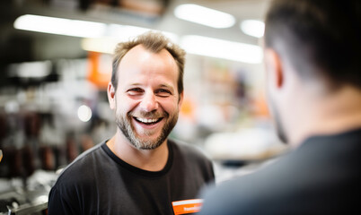Fototapeta premium Candid, Friendly Conversation at a Small Town Hardware Store