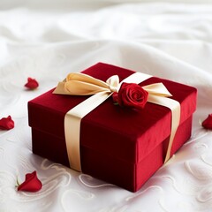 A classic red velvet Valentine's gift box with a golden heart in the center, on a bed of white satin sheets.