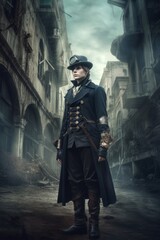 Steampunk man standing on old city background. Steampunk and retro-futurism style.