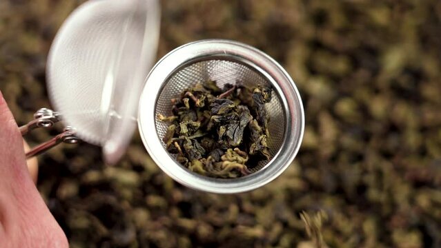 Dried green tea leaves falling into a metal clamp strainer in slow motion close up. Traditional home morning ceremony