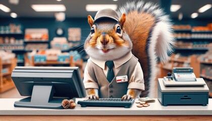 Squirrel Cashier - obrazy, fototapety, plakaty