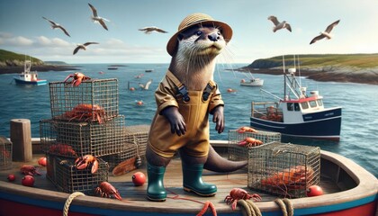 Otter Fishing on a Boat - obrazy, fototapety, plakaty