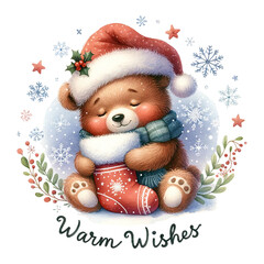 Bear cub snuggled in Christmas stocking, surrounded by snowflakes, Warm Wishes quote