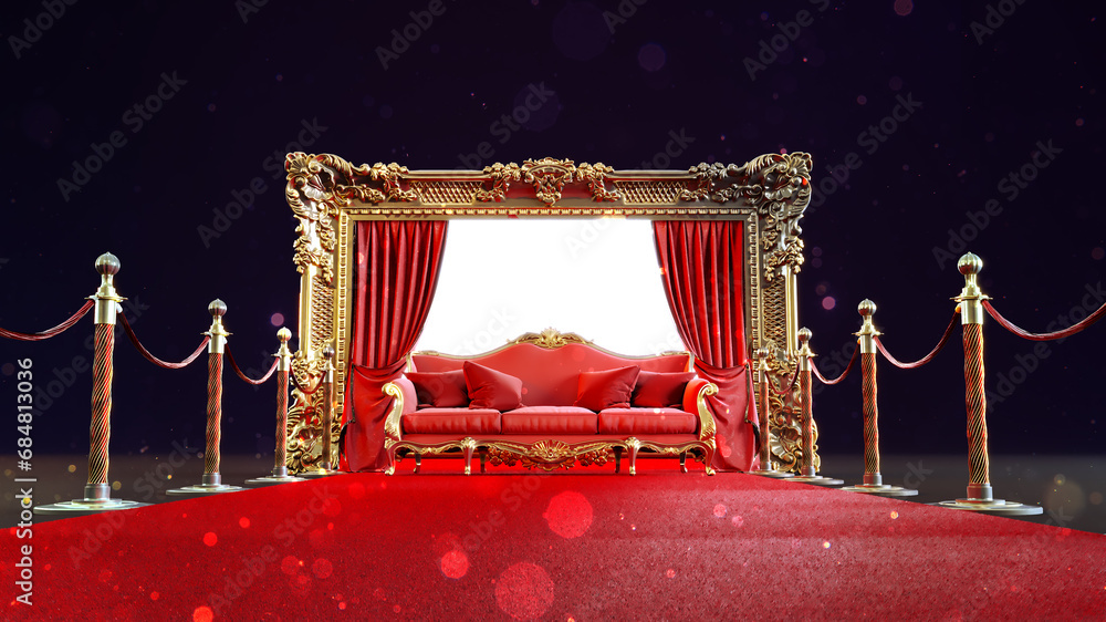 Wall mural red carpet leading to red sofa with golden barriers in front of a golden emty frame, 3d render