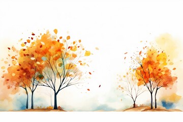 Vector watercolor autumn leaves and trees create a captivating background.