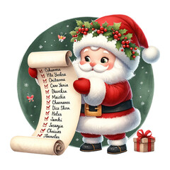 Santa Claus checking his list with names, a gift beside him - obrazy, fototapety, plakaty
