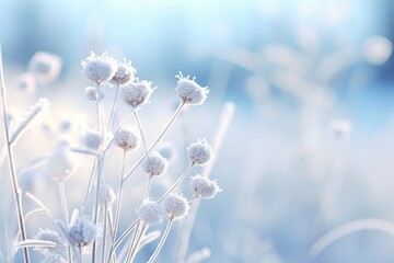 A winter scenery capturing frosty ice flowers, snow, and crystals.