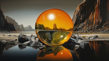  a painting of an orange sphere with a mountain in the background and a lake in the foreground with rocks in the foreground.
